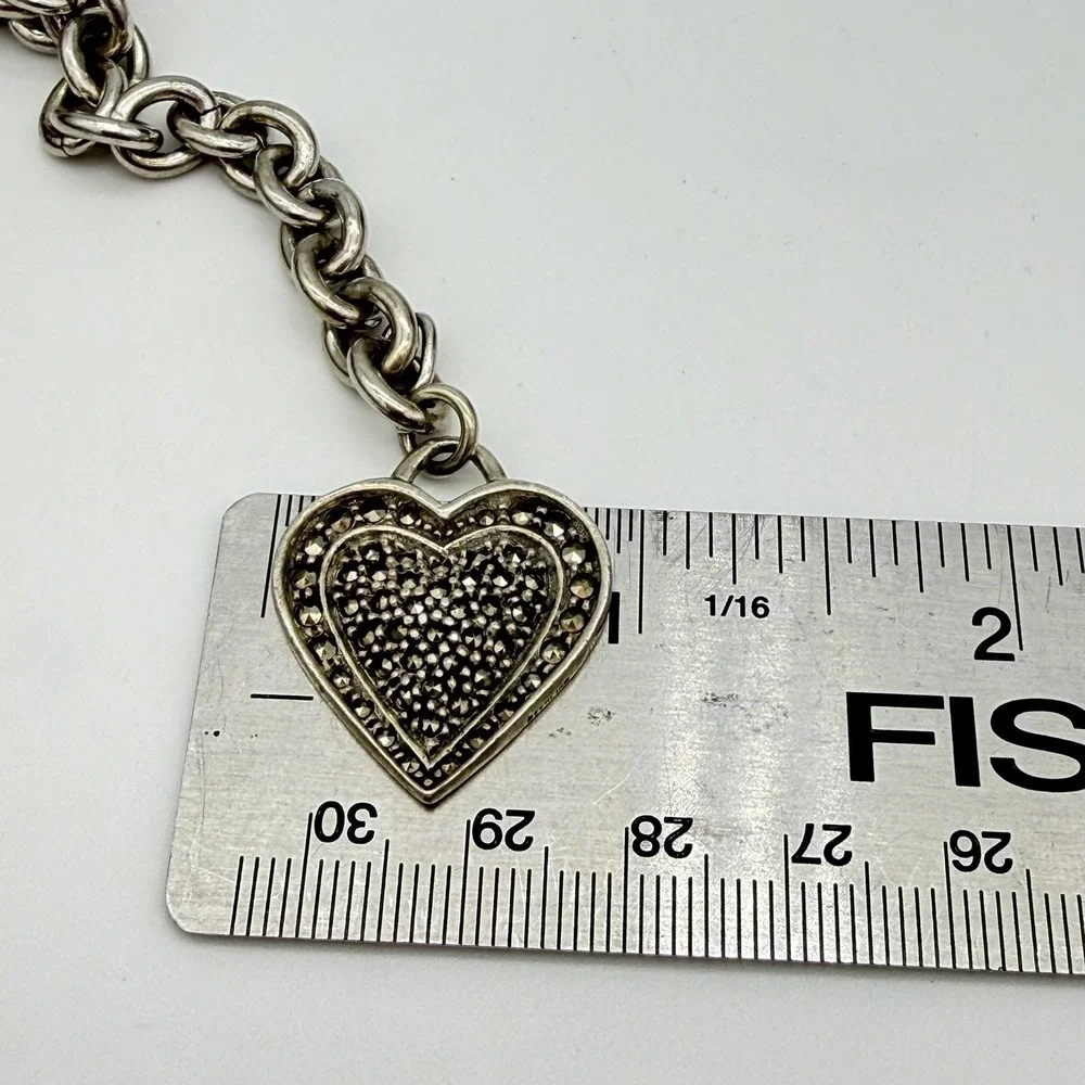 VTG‎ Sterling Silver Heart Charm Bracelet Marcasite Hallmarked Charm 26gr Sz6.5